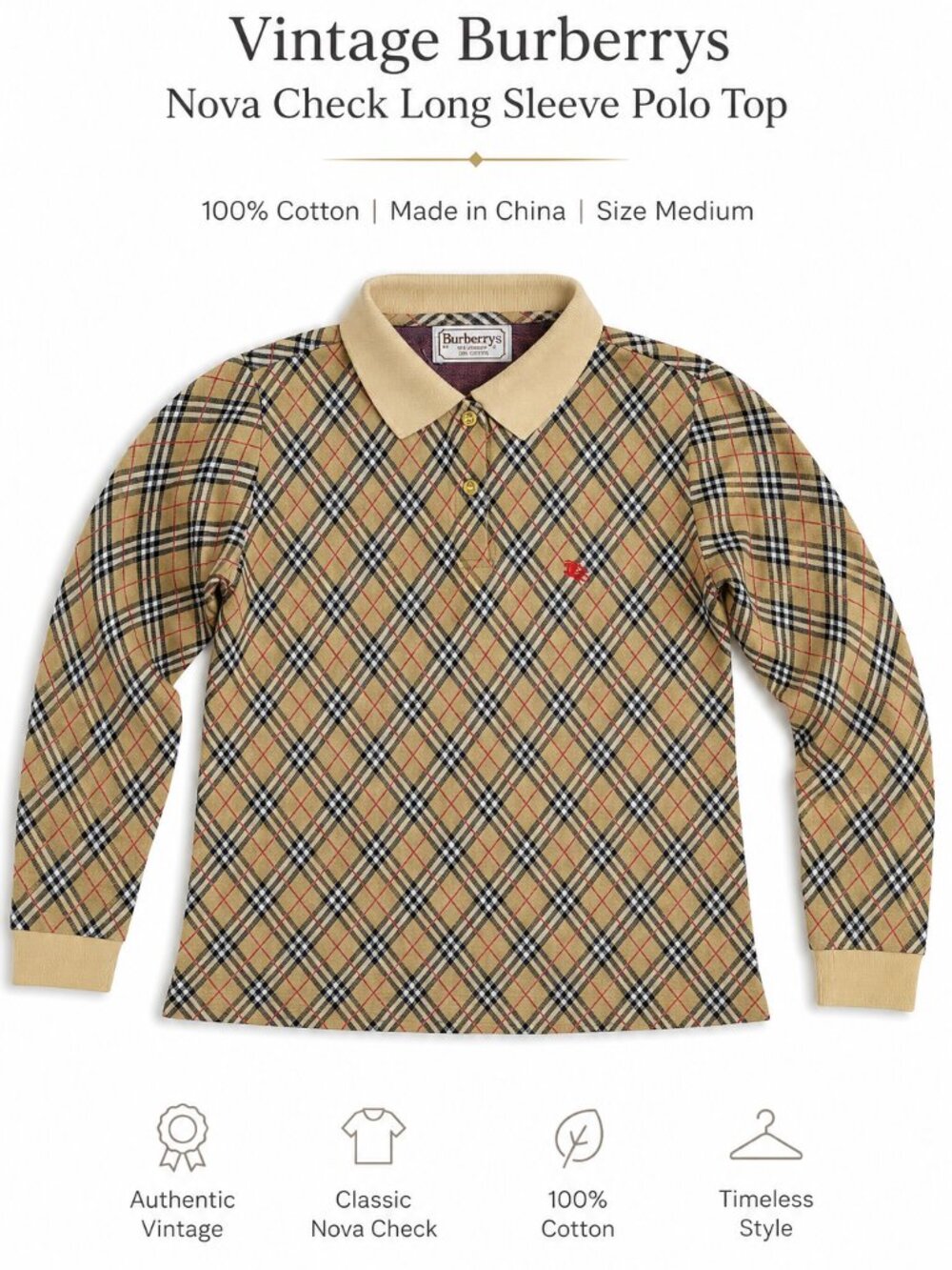 Vintage Burberrys London Nova Check Long Sleeve Polo Shirt Women's Medium